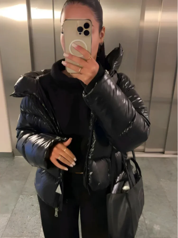 

Женское осеннее короткое хлопковое пальто с капюшоном, повседневное черное свободное пальто с воротником-стойкой и длинными рукавами, шикарная женская зимняя офисная верхняя одежда