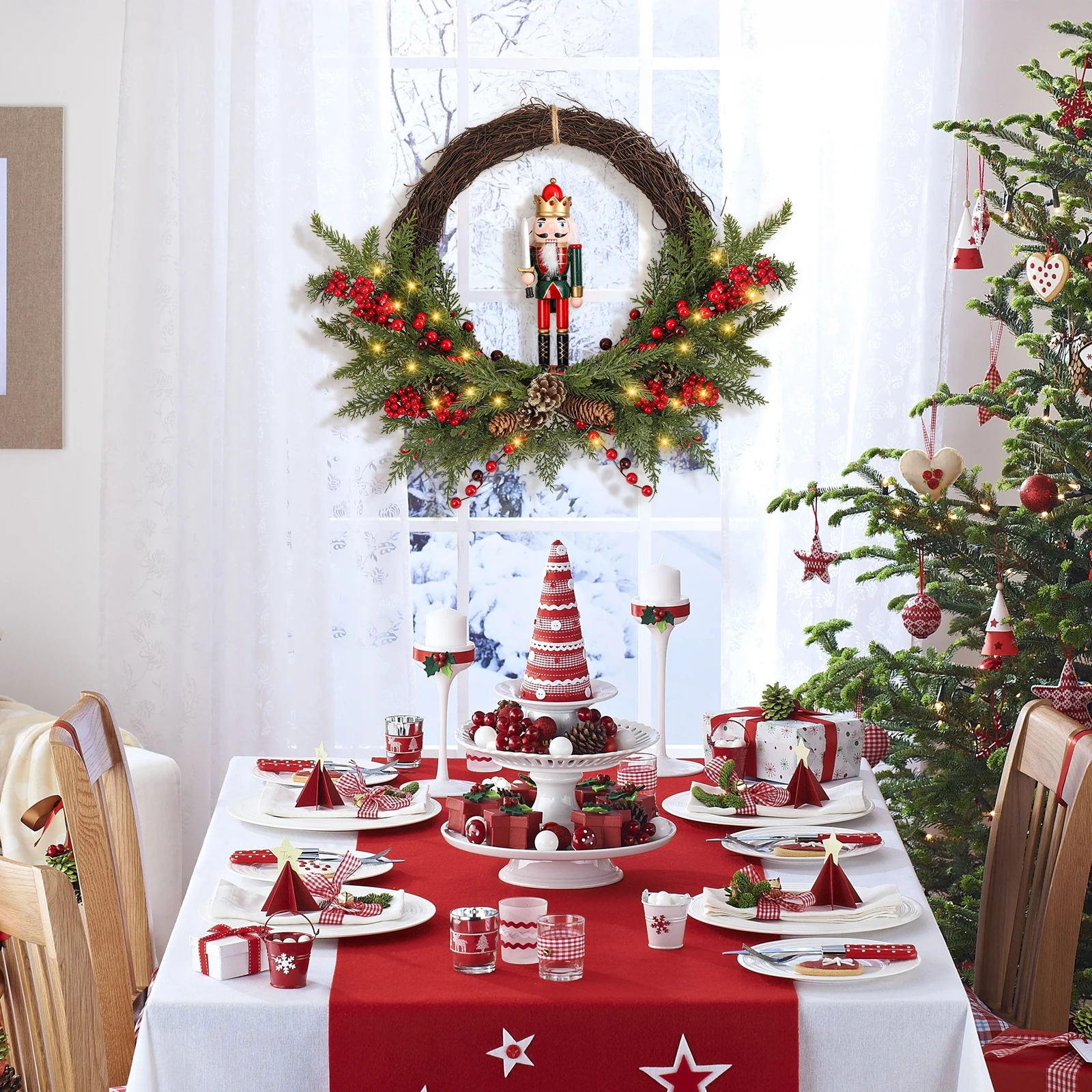 

24" Christmas Wreath with 30 Battery-Operated LED Lights Nutcracker and Berry Holiday Wreath for Easy, Cord-Free Decorating