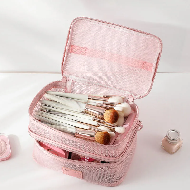 Large Capacity Transparent Travel Toiletry Organizer Handheld Cosmetic Storage Pouch for Women Mesh Breathable Makeup Bag