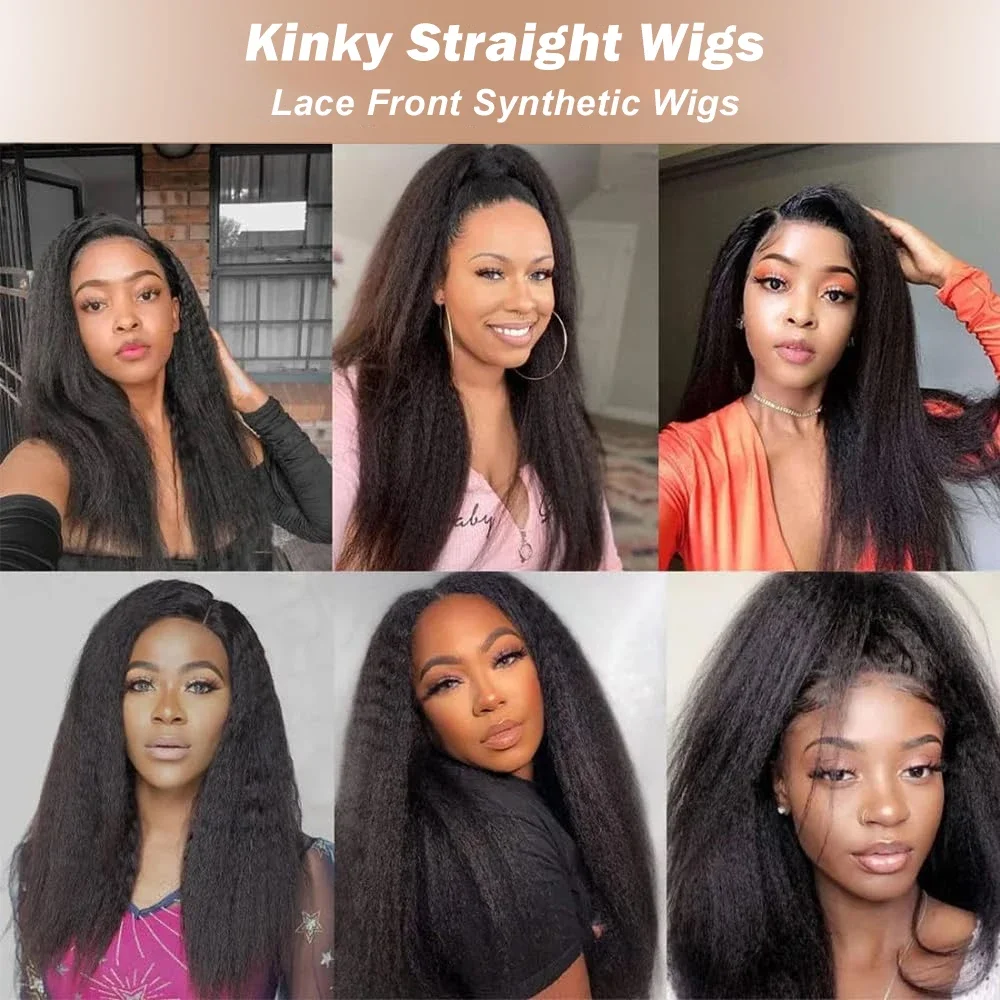 Kinky Straight Synthetic Lace Wig for Women Heat Resistant Fiber Natural Italian Yaki Straight Lace Front Wigs With Baby Hair