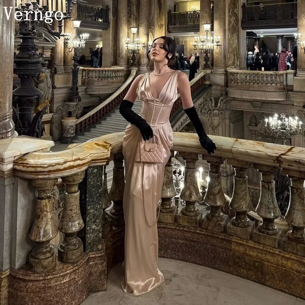 

Verngo Elegant Champagne Satin Evening Dress Halter Mermaid Modern Formal Occasion Dress Maxi Prom Party Dress Customized
