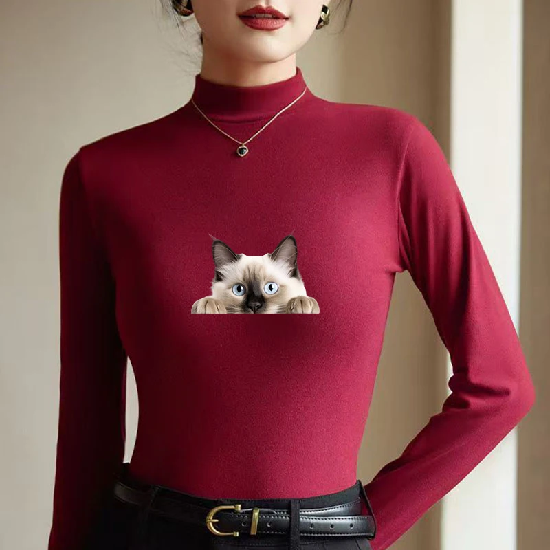 2026 New Autumn Winter Thermal Brushed Fleece Long Sleeve Graphic Print T shirt Blouses Female Warm Shirt Women Top