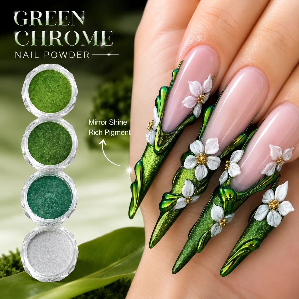 4 Stück grüner Spiegel-Nagelglitter, Farbverlauf, Y2K Sommer-Pflanzeneffekt, magisches Spiegelpulver, Chrom-Reibungspulver, DIY-Charm-Pigmentpulver – Detail 2