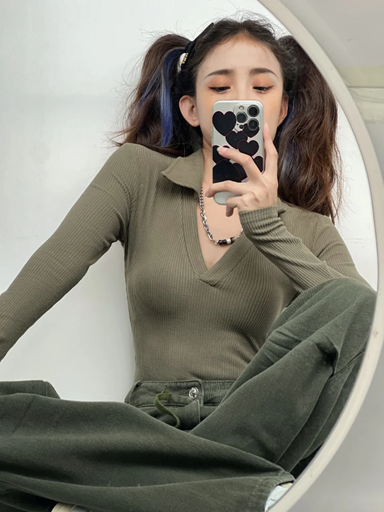 

Футболка Slim Fit American Sle Long Sve V-Ne, женская весенне-осенняя утягивающая футболка ort Length, сексуальная пикантная девушка Base irt