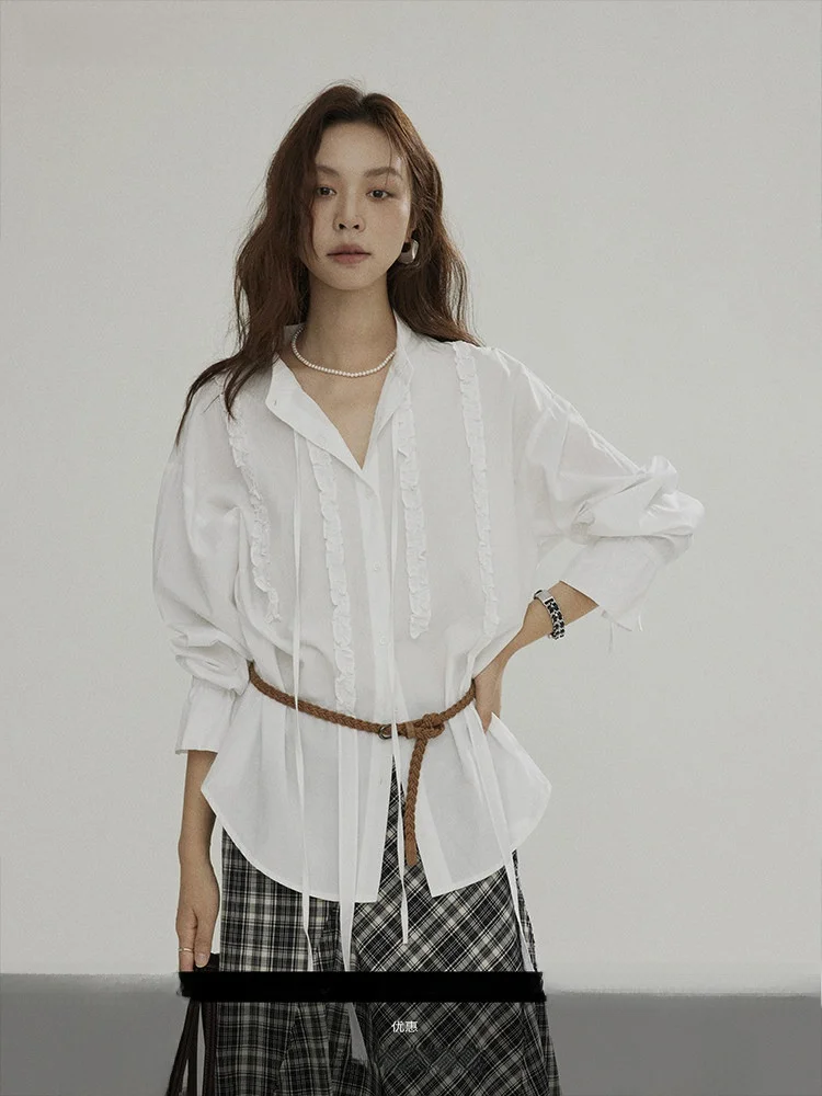 

Joli Choose Women's Long Sve irt Collar Tied Splice Cotton Loose Fit Breathable Autumn New Sle High End Feeling Blouse