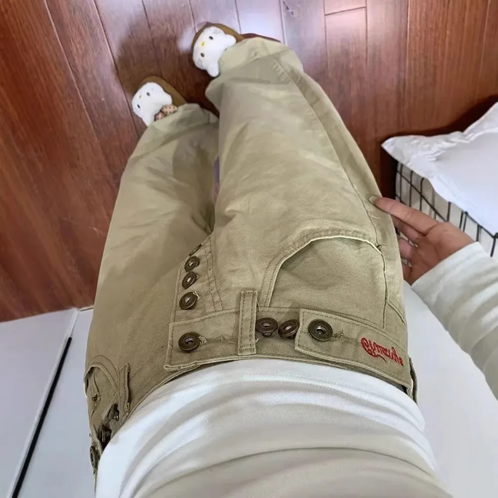 Khaki Patchwork Work Pants Men's Loose Fit Adjustable Waist Belt Embroidered Long Trousers Trendy Casual Jeans for Teens