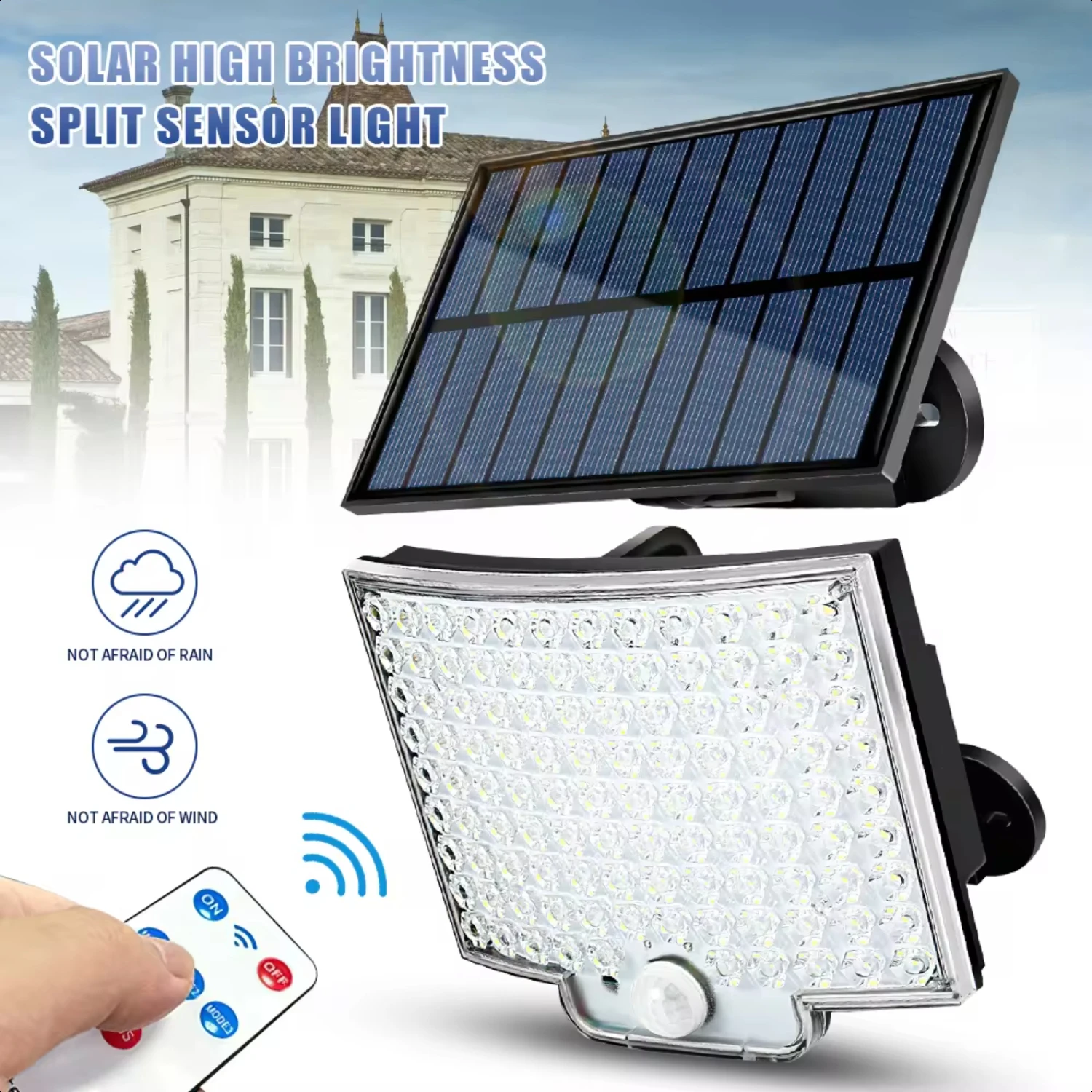 Potente lampione solare 106 applique da parete divisa 6500K IP65 lampada da giardino esterna impermeabile sensore di movimento con telecomando