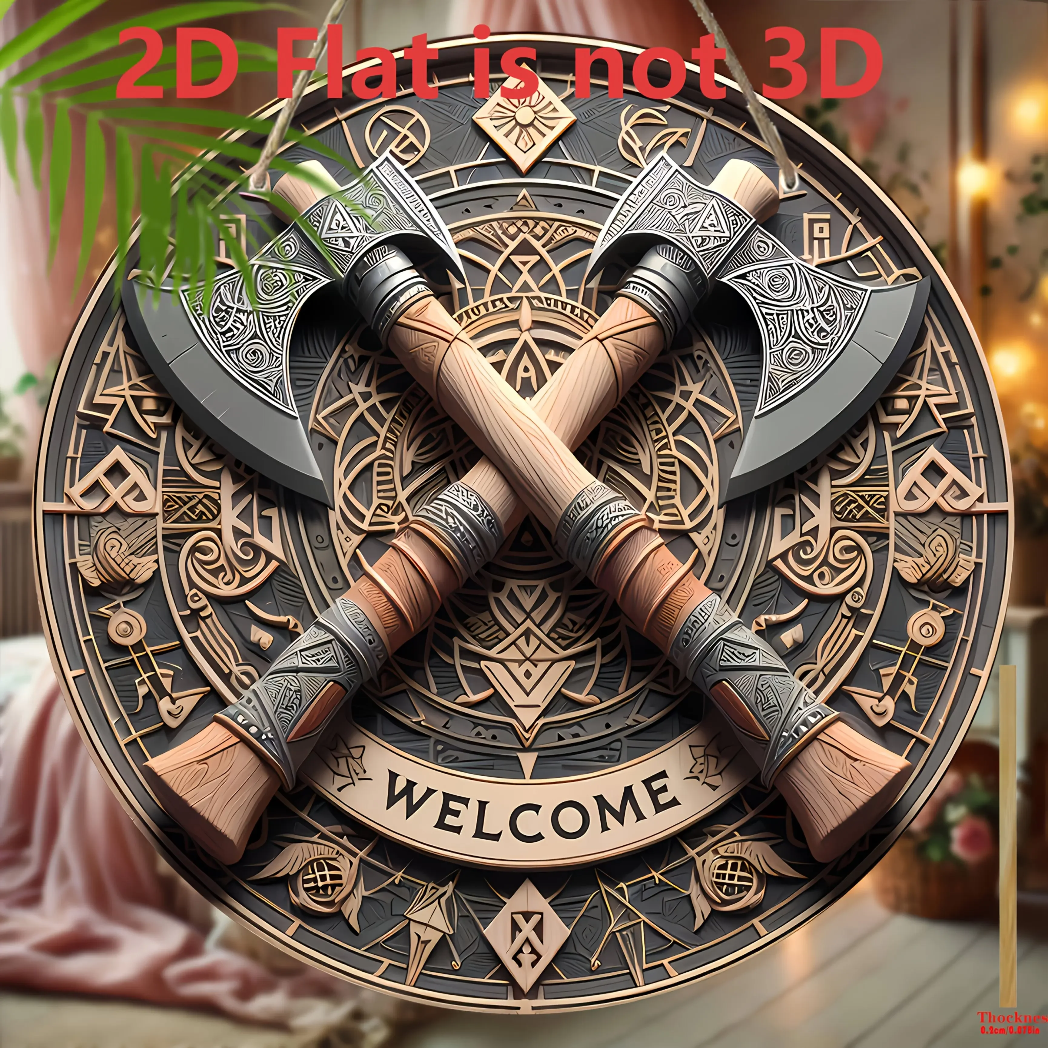 2D Flat, Viking Axe Welcome Sign - Vintage Norse Wall Decor with Crossed Axes & Geometric Patterns, Circular Artificial Wood Han