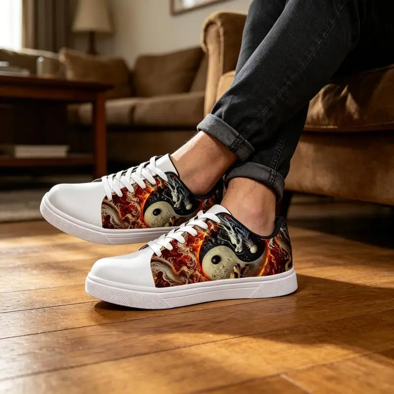 Chaussures de course sur route pour femmes et hommes, baskets blanches décontractées et tendance avec motif imprimé, motif unique dragon et yin-yang, divers modèles