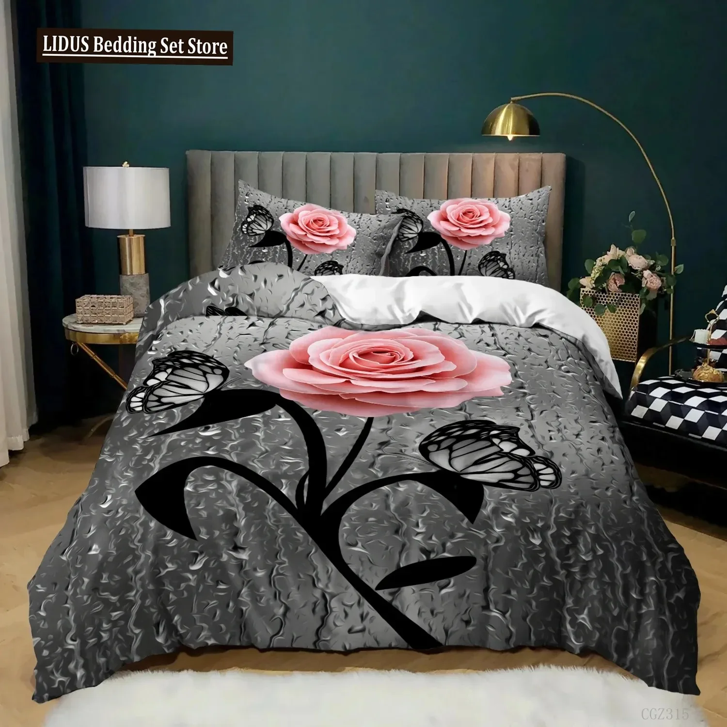 

Pink Rose Duvet Cover Set Queen Size 3D Printed Rose Floral Bedding Set Botanical Blossom Flowers Microfiber Comforter Cover