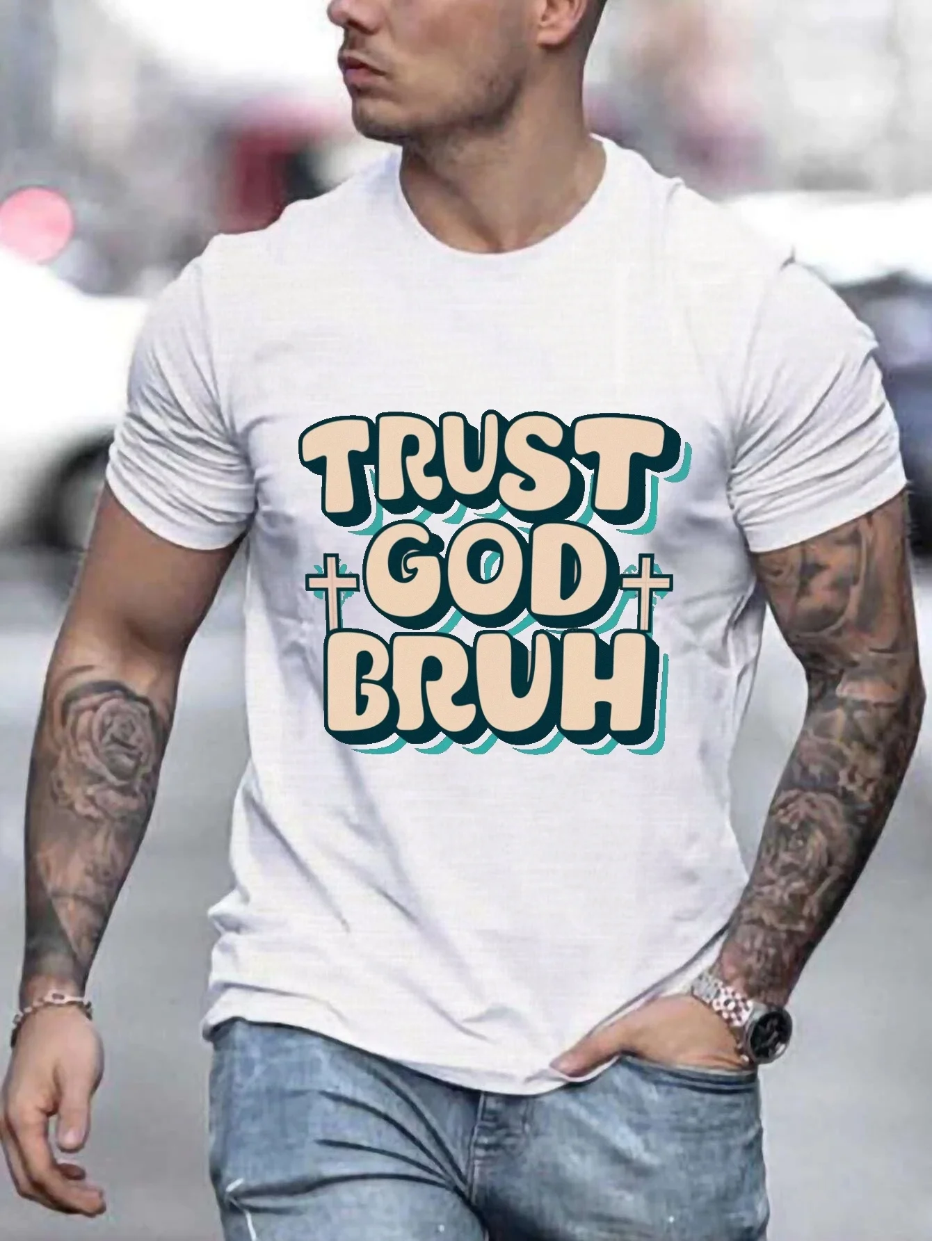 

Plus Size Mens Graphic T-shirt Body-Hugging Slim Fit Design Comfortable Short Sleeves for Warm Weather Unique Trust God Bruh