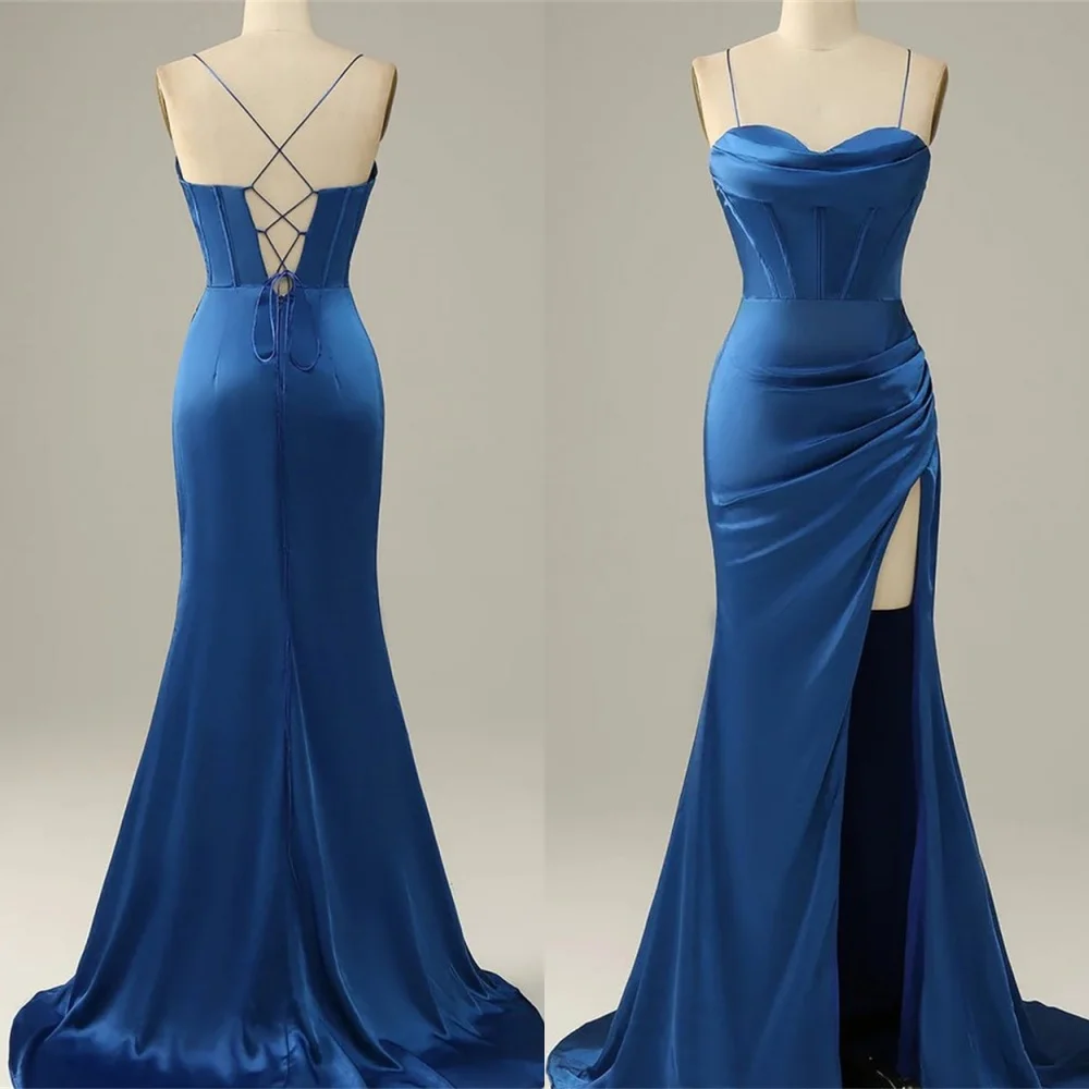 

Сексуальное синее атласное вечернее платье русалки по индивидуальному заказу, современные платья для выпускного вечера без рукавов с открытой спиной, Vestido De Festa