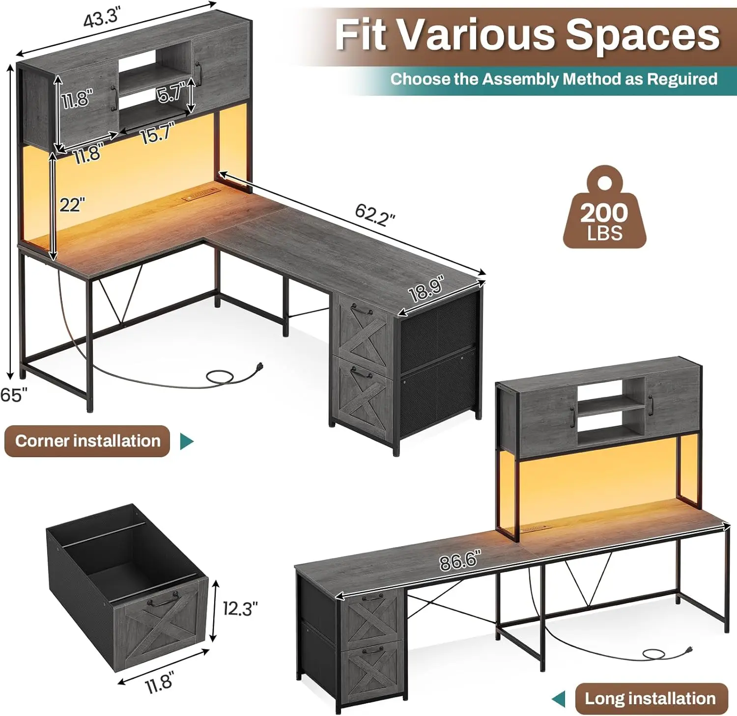 L Shaped Gaming Desk, The color is optional Desk with Fabric Drawers and Power Outlet, Gaming Desk with Led Lights