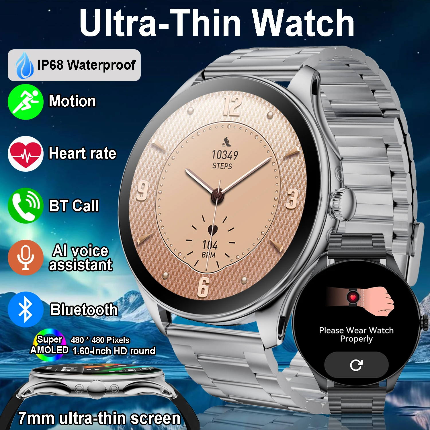 

Ультратонкие часы 7 мм, 400 мАч, большая емкость, мужские спортивные Bluetooth, IP68, водонепроницаемые, ультратонкие, с пульсометром, новинка 2023 года