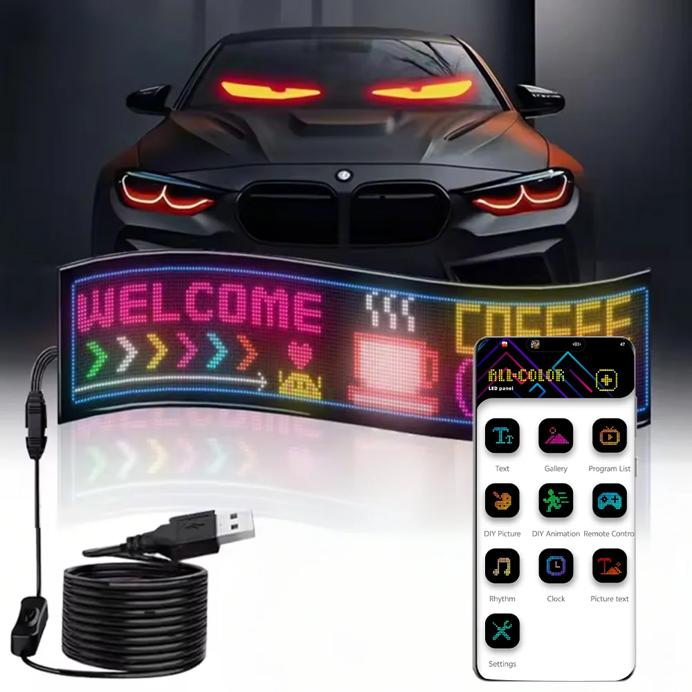 عيون الشيطان LED للزجاج الأمامي للسيارة الذكية عن بعد والتحكم في التطبيق DIY نمط النص الرسوم المتحركة شاشة مرنة شاشة ذكية ديناميكية