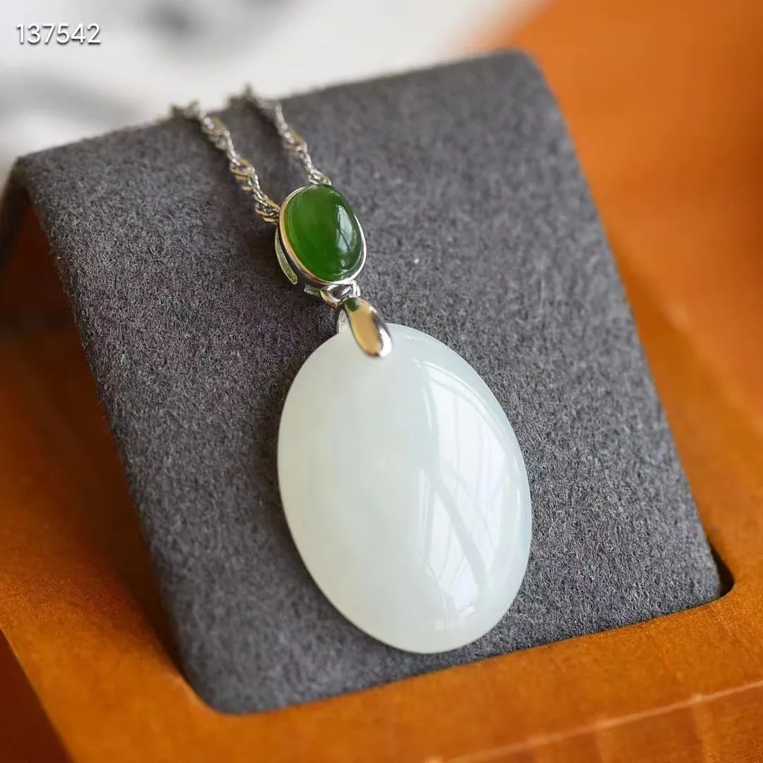 Natural 100% real Sterling Silver necklace mosaic white hetian jade oval methods pendant jewellery for woman gifts Bless peace