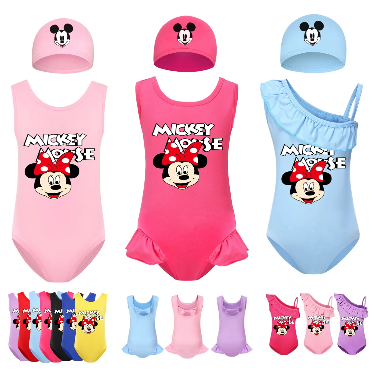 

Аниме Kawaii Disney Minnie быстросохнущая детская пляжная одежда мультяшный милый слитный купальник для девочек комплект плавательной шапочки Детские бикини подарки