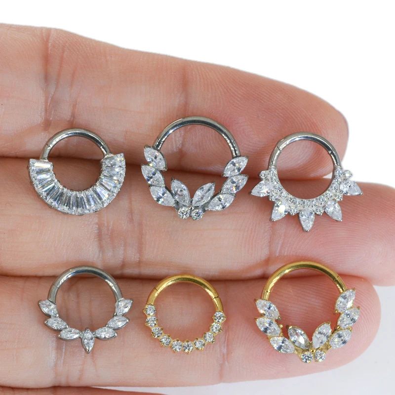 

1PC ASTM F136 Titanium Piercing Jewelry Cartilage Earring Hinged Nose Ring CZ Clicker Nose Septum Helix Daith Conch Piercing 16G