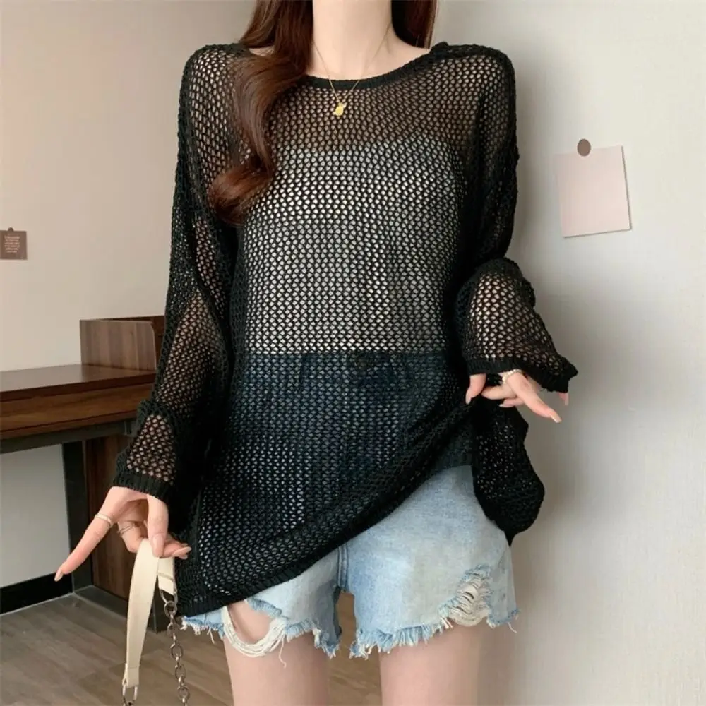 Elegante casual lavorato a maglia pullover vuoto abbigliamento da spiaggia allentato maglietta a maniche lunghe girocollo striscia top all'uncinetto donna streetwear
