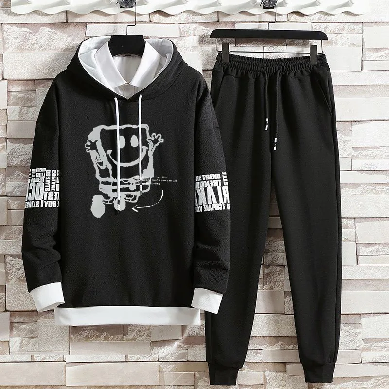 Autumn hooded long sleeved new men\'s casual pants two-piece set cartoon breathable loose sports suit