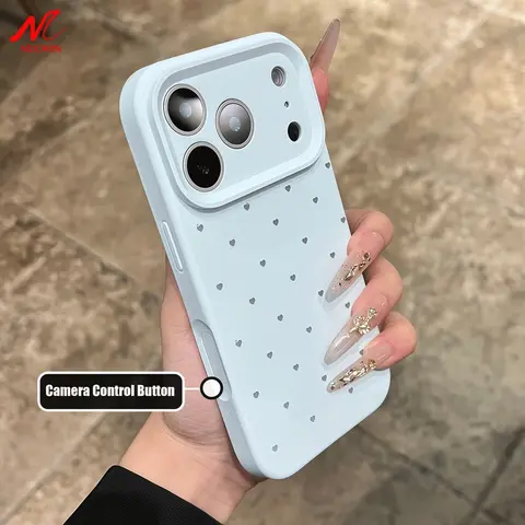 Coque de luxe en Silicone liquide, cœur d'amour, pour iPhone 17 11 12 13 14 15 16 Pro Max Air 16 Plus, bouton de commande d'appareil photo souple
