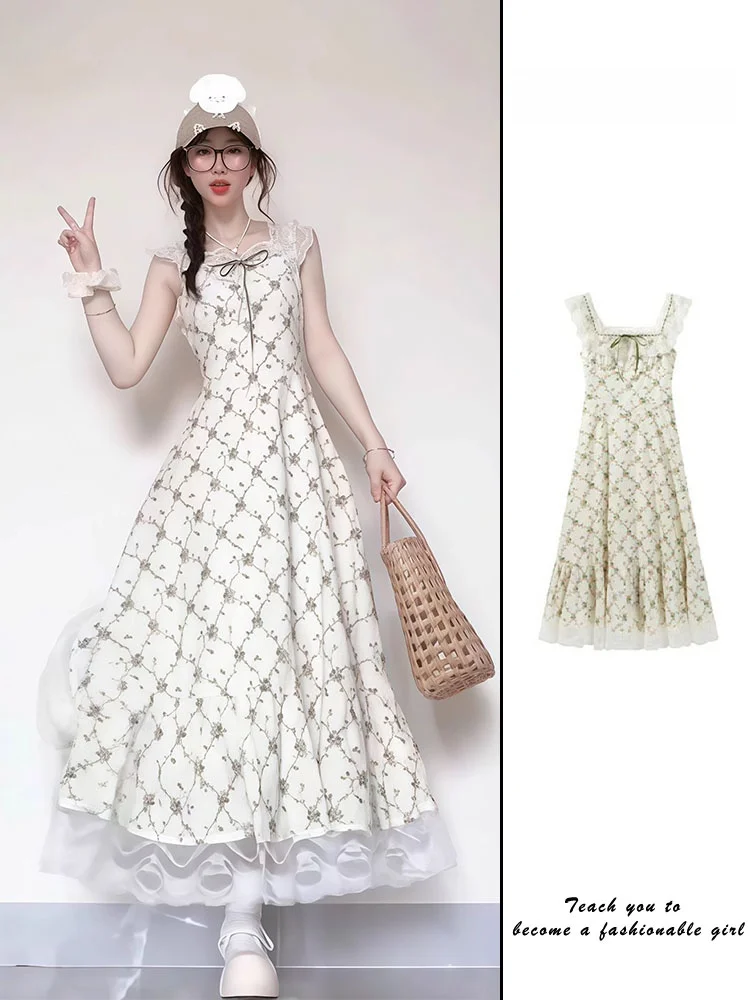 Romantic Lace Trim Floral Print Women's Dr A-Line Long Skirt Spring New Sle Country Fre Sle Waist-Cinching Design