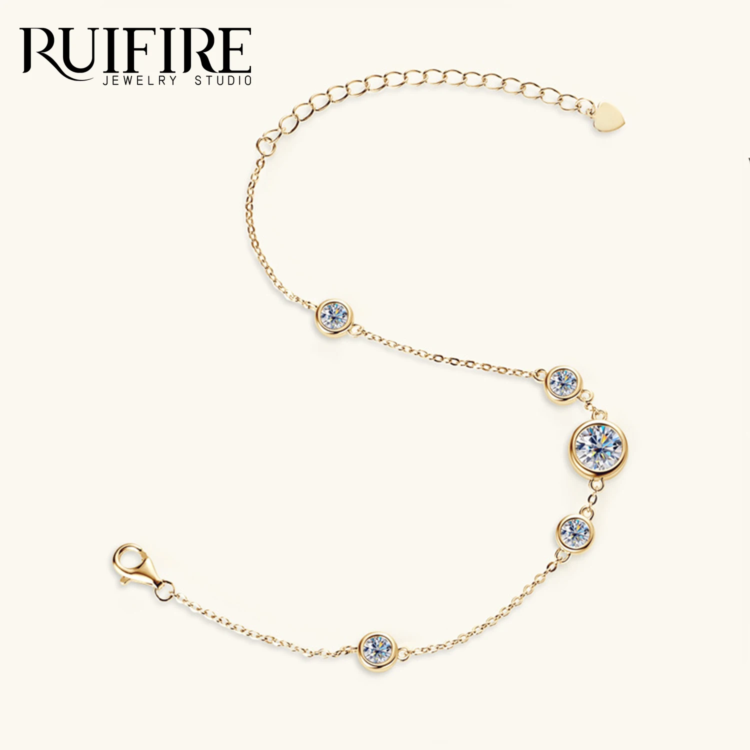 RUIFIRE 14K مطلية بالذهب 925 فضة مويسانيتي سوار متعدد قطع مستديرة سلسلة سوار قابل للتعديل مجوهرات الحفلات هدية GRA