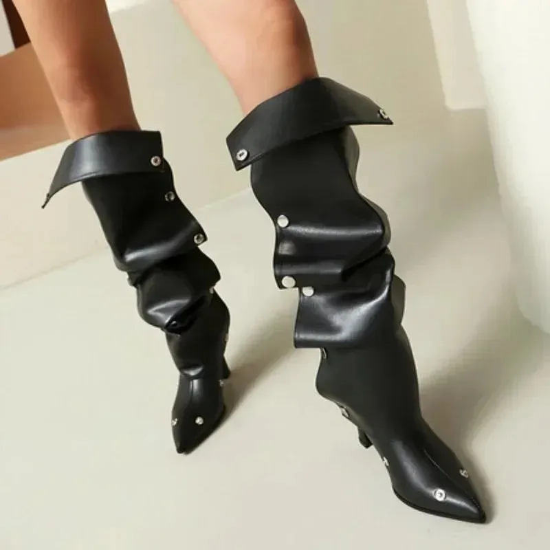 

2025 Fashion Women Knee Boots Pointed Toe Heels 8cm Slip on Rivets Pleated Size 46 47 48 Novelty Bota