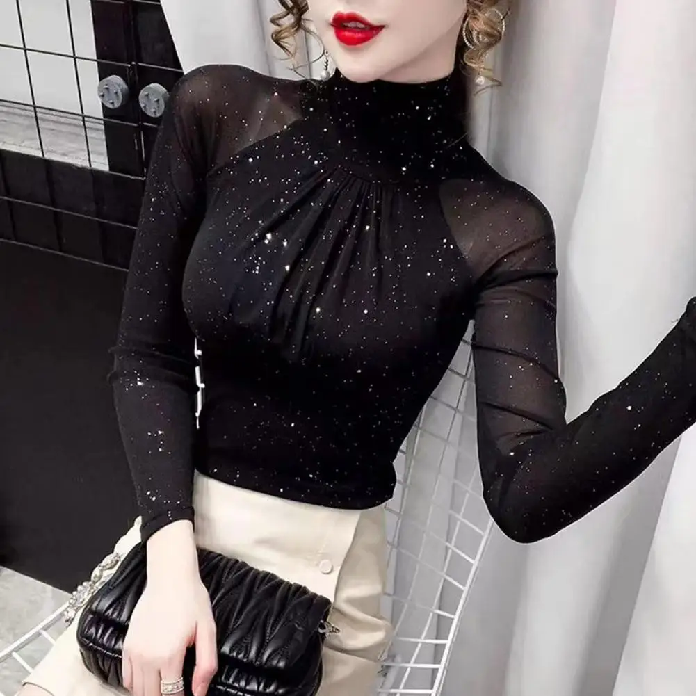 

New Turtleneck Women Blouses Lady Sexy Long Sleeve Shinny Blouse Pleated French Style Black Bottoming Shirt Slim Fit Undershirt
