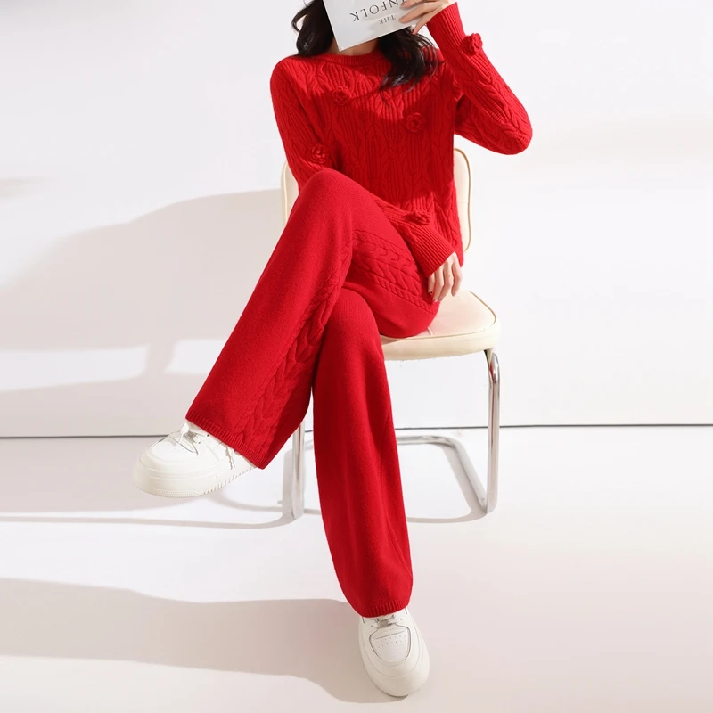 Autumn And Winter 100% Wool Women'S Suit Round Neck Three-Dimensional Crochet Sweater Thick Knitted Straight Pants Two-Piece Set