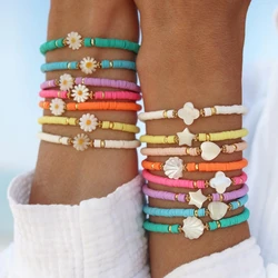 HERLOOK 4mm Heishi Bracelets for Women Stack Shell Heart Daisy Surfer Bracelet Boho Vinyl Disc Beads Pulseras Summer Jewelry
