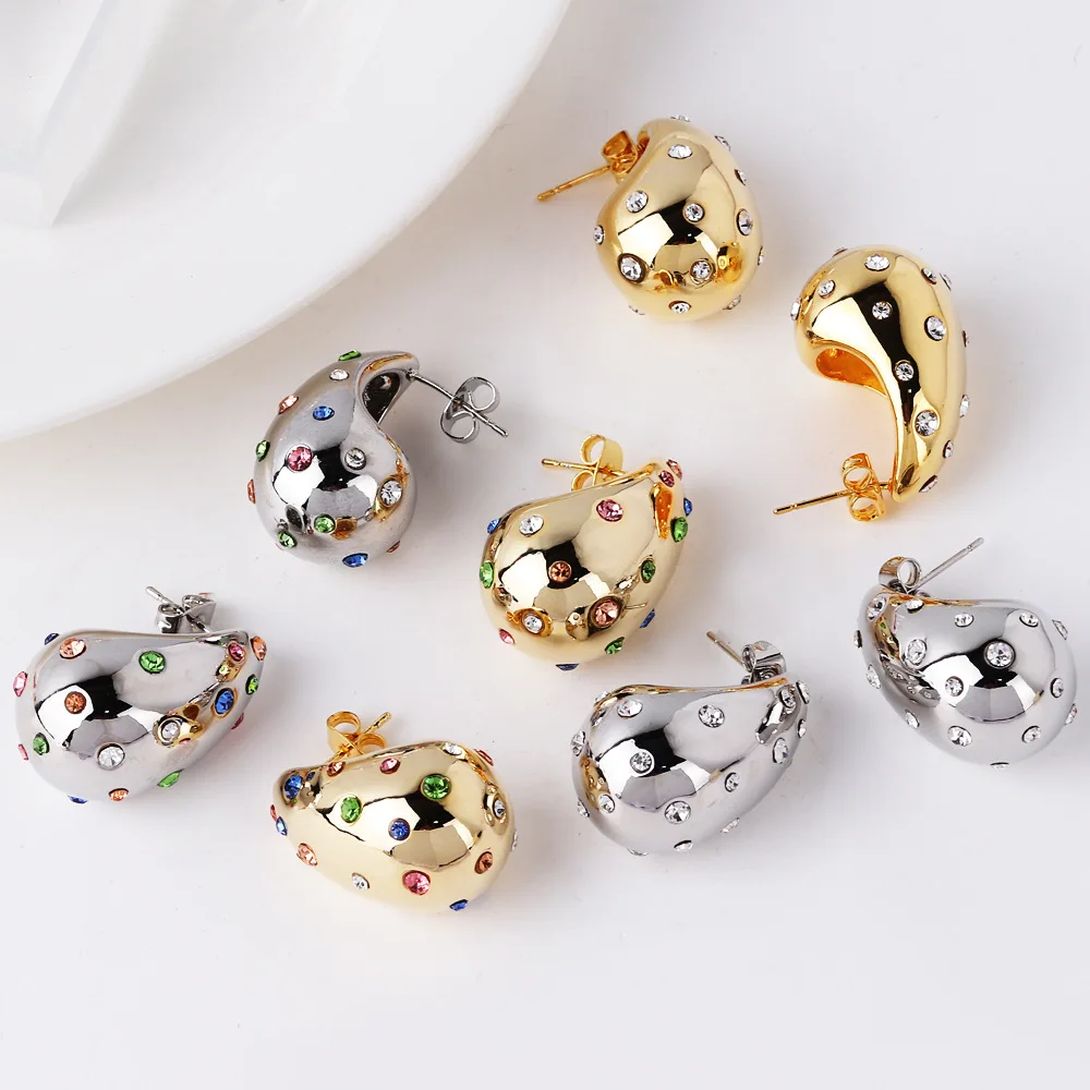 2024 New Trendy Water Droplet Earrings Shiny Colorful Rhinestone Stud Earrings Gold Plated Polished Earrings For Women Jewelry