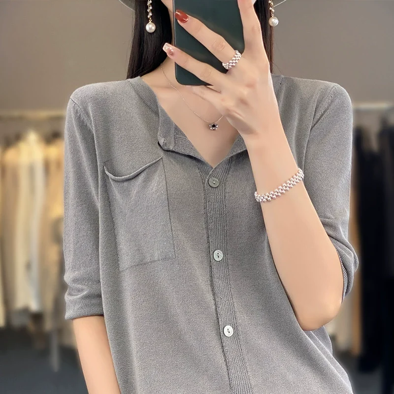 

Летний открытый кардиган из ледяного шелка ort Sve, женская свободная тонкая льняная верхняя одежда с защитой от солнца, трикотажная футболка