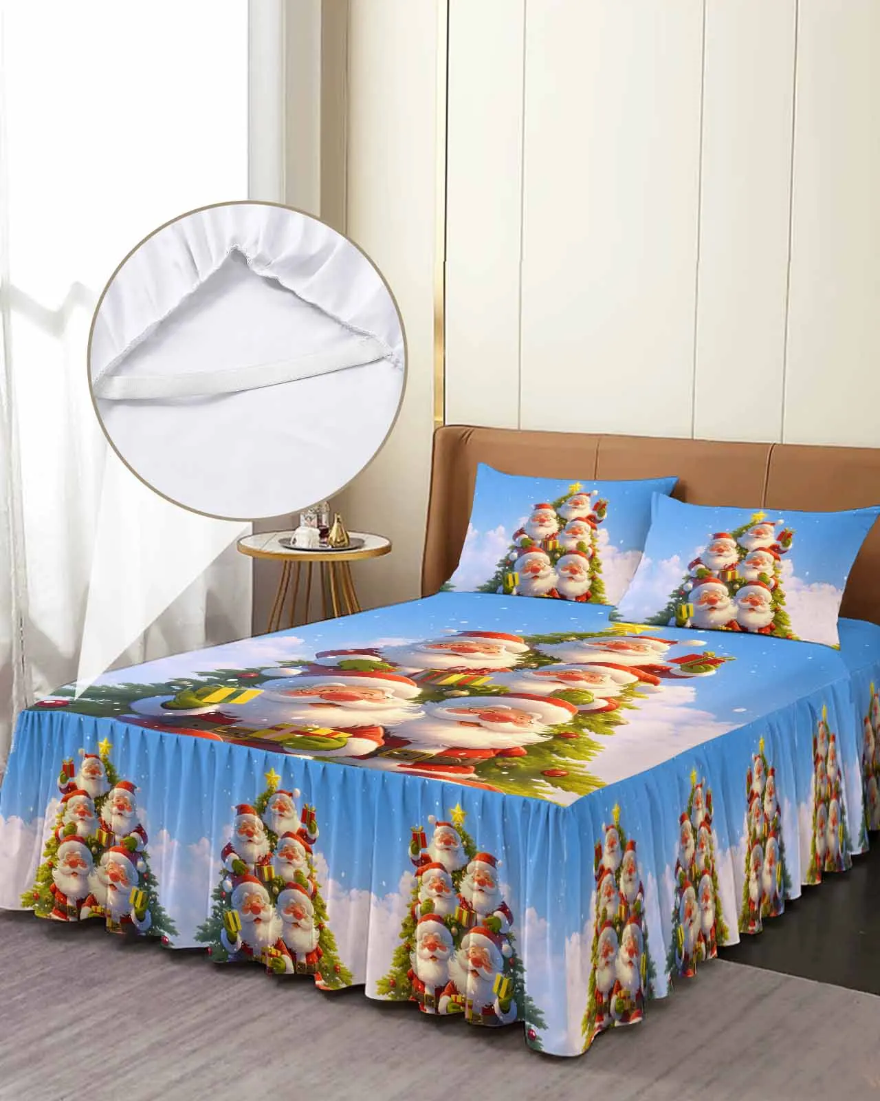 Santa Claus Christmas Tree Snowflakes Skirt Elastic Fitted Bedspread With Pillowcases Mattress Cover Bedding Set Bed Sheet