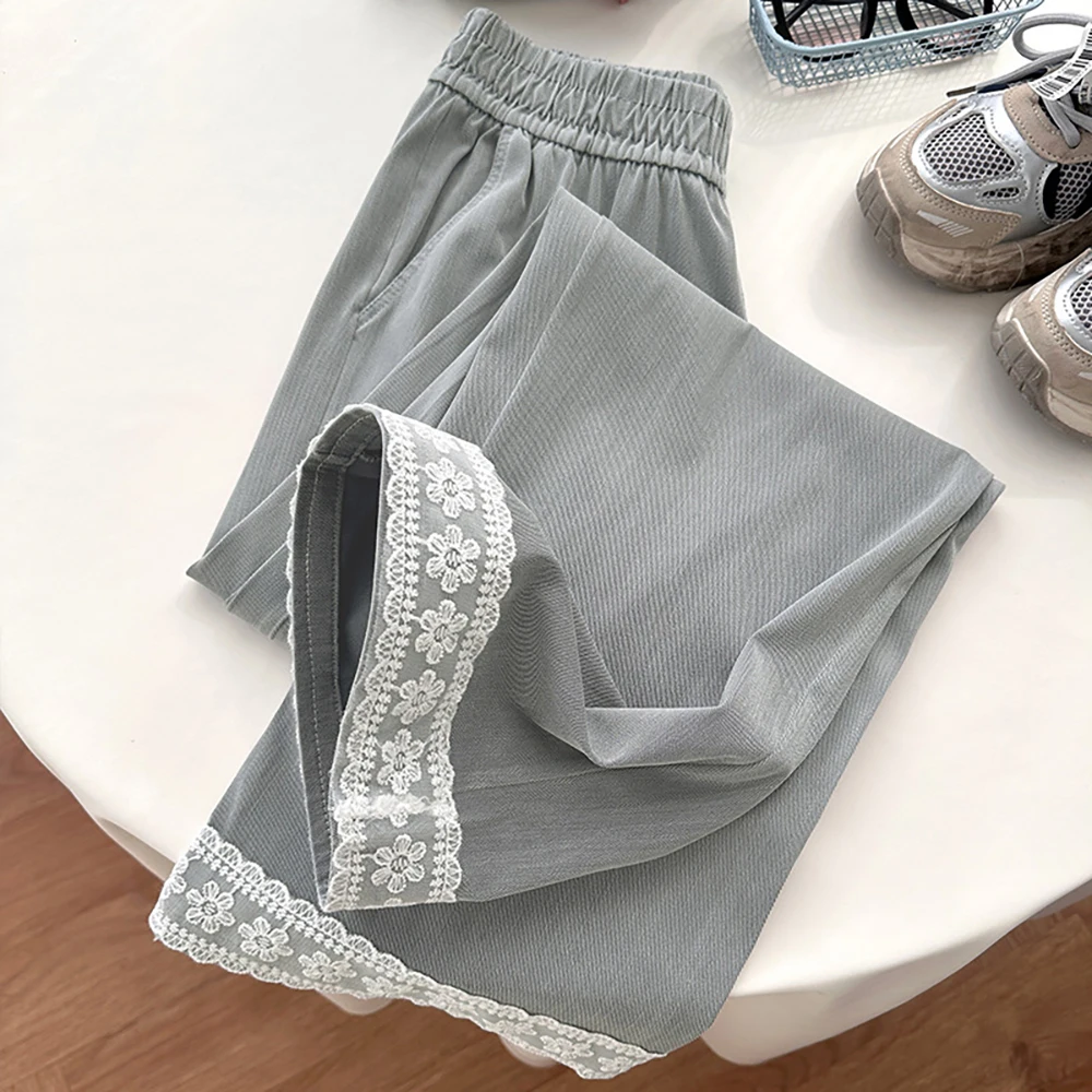

Lace Wide Leg Denim Pants for Women Summer Thin Ice Silk Straight Loose Jeans High Elastic Waist Slim Trousers Casual Jeans