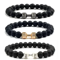 Lava Bracelet Black Volcanic Stone black Matte Dumbbell Beads Bracelets For Women Men Fitness Barbell Jewelry Mens Bracelets