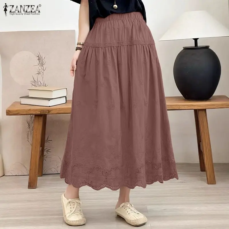 

Summer Women's Elegant Lace Patchwork Midi Skirts Elastic Waist Embroidered A-Line Long Skirt ZANZEA Casual Faldas de Mujer