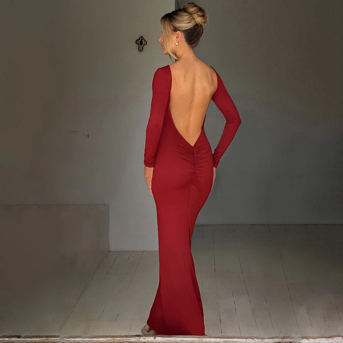 backless winter dress Solid Color Rib Fabric Maxi Long Dress With Halter Neck And Sleeveless Design Featuring Backless Style For Autumn & Winter