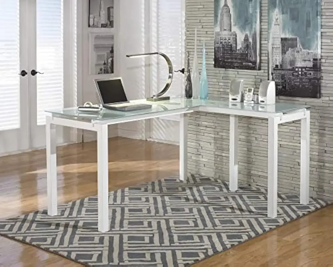 Signature Design by Ashley Baraga Contemporary Glass L-Shaped Home Office Desk, White