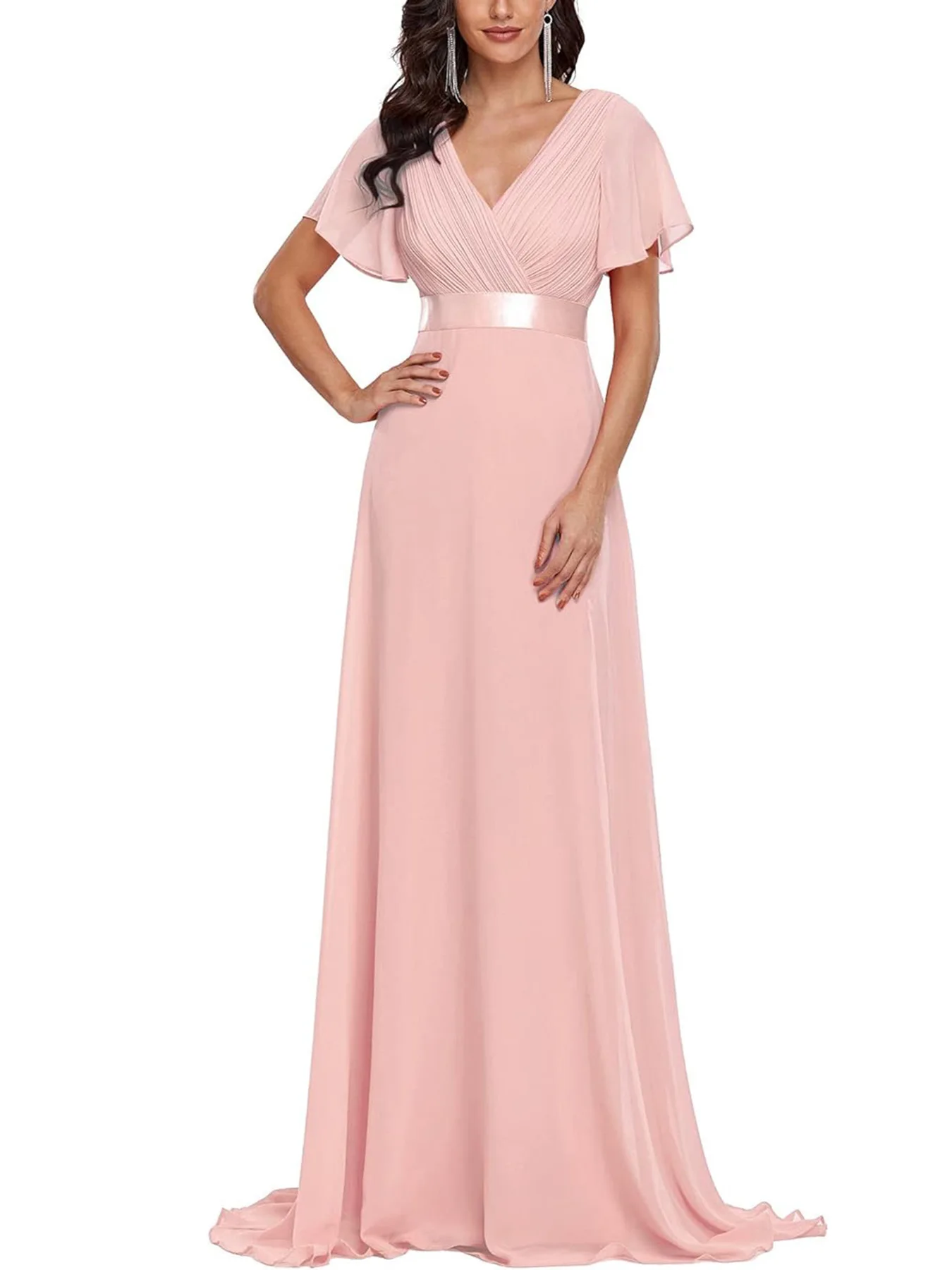 

Elegant Double V-neck Chiffon Long Formal Evening Bridesmaid Dress With Short Sleeves