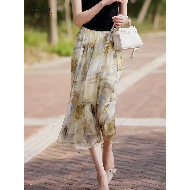 

Женская винтажная шифоновая юбка с акварельным принтом, на эластичной талии, струящаяся, миди, А-силуэт, повседневная