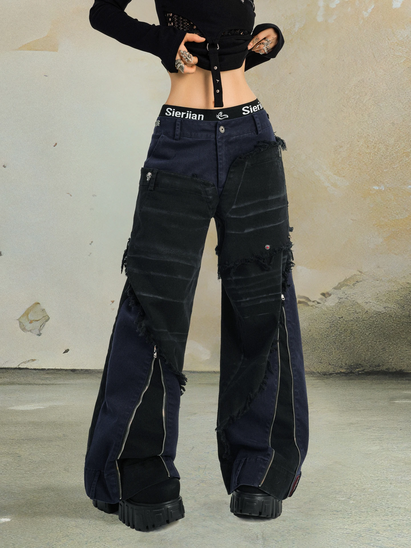 

Punknova оригинальные широкие джинсы на молнии с тяжелой талией и длинными брюками в стиле панк, женские модные осенние брюки