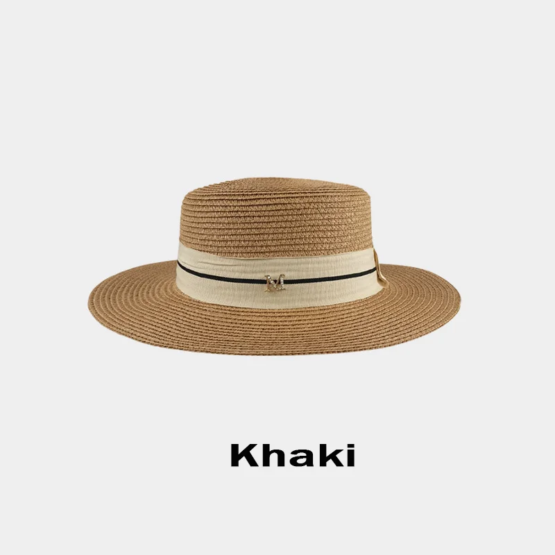 Topi Musim Panas Wanita Topi Jerami dengan M-mark Topi Jazz Fashion Retro Inggris Topi Tabir Surya Liburan Pantai
