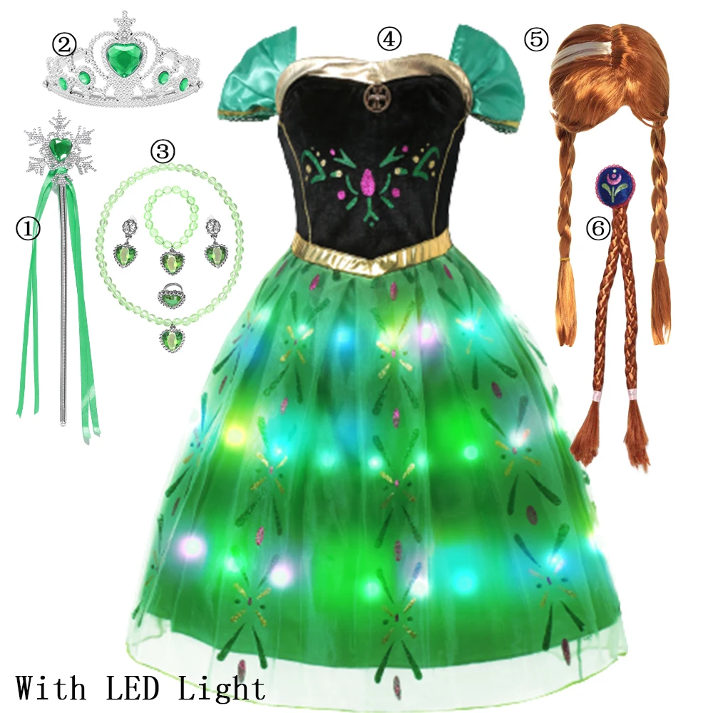 Frozon Girls Anna Princess Dress LED Light Princesse Cosplay Costume For Kids Child Birthday Carnival Party 2024 Costumes