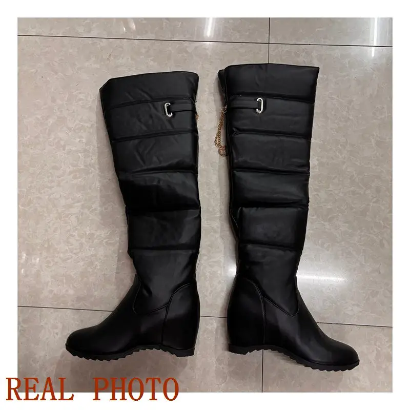 Girseaby Ladies Wedge Heel Over Knee Boots Slip On Hidden Heel Big Size 44 Party Warm Winter Plush Black F1291
