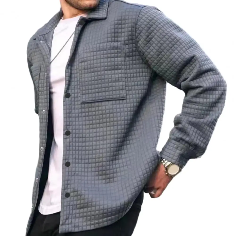 

Men Spring Coat Long Sleeve Solid Color Turn-down Collar Patch Pocket Loose Soft Breathable Cardigan Single-breasted Men Shirt