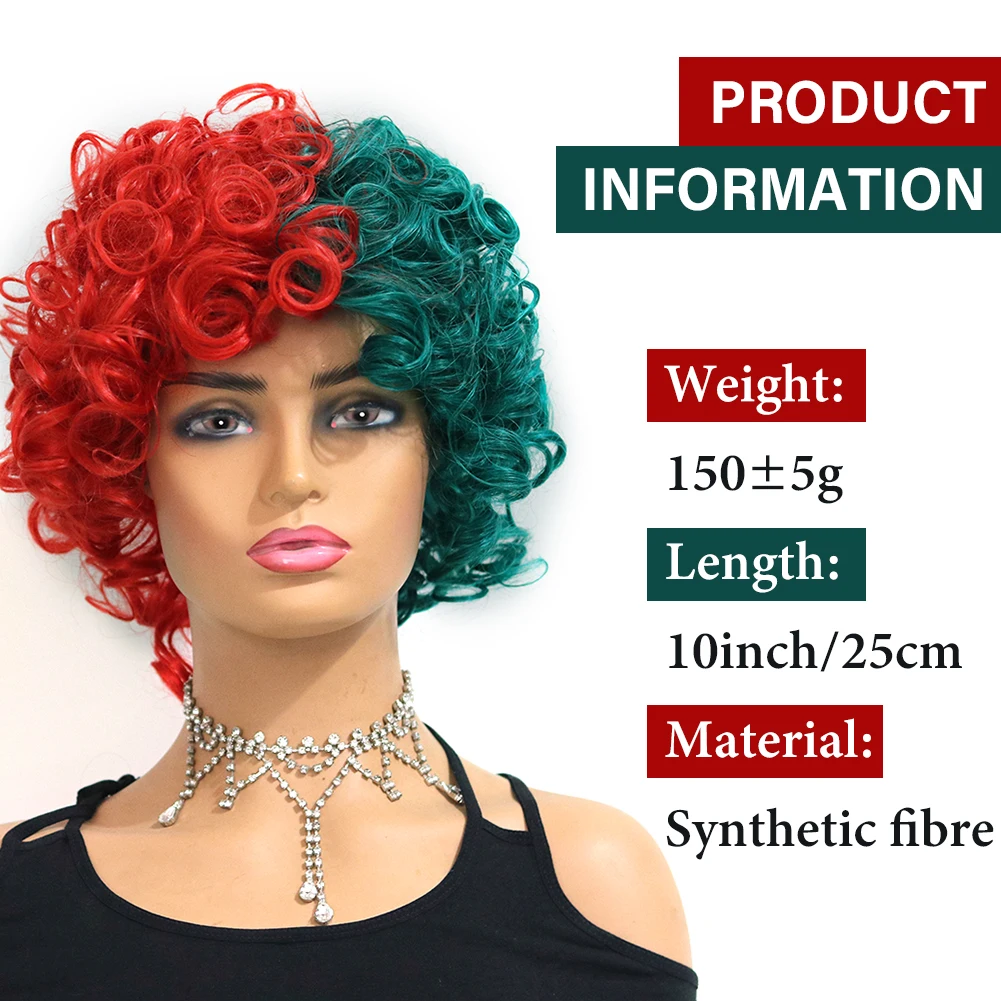 باروكات الهالوماس المهرج، شعر صناعي قصير منفوش ومجعد أحمر وأخضر للنساء للحفلات التنكرية #4