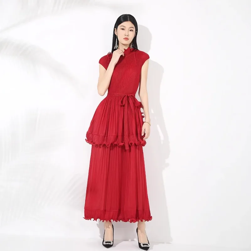 Miyake Pleated Cross Border New Solid Color Ruffle Neck Plus Size Women's Dresses Africa Middle East Plus Size Prom Dresses