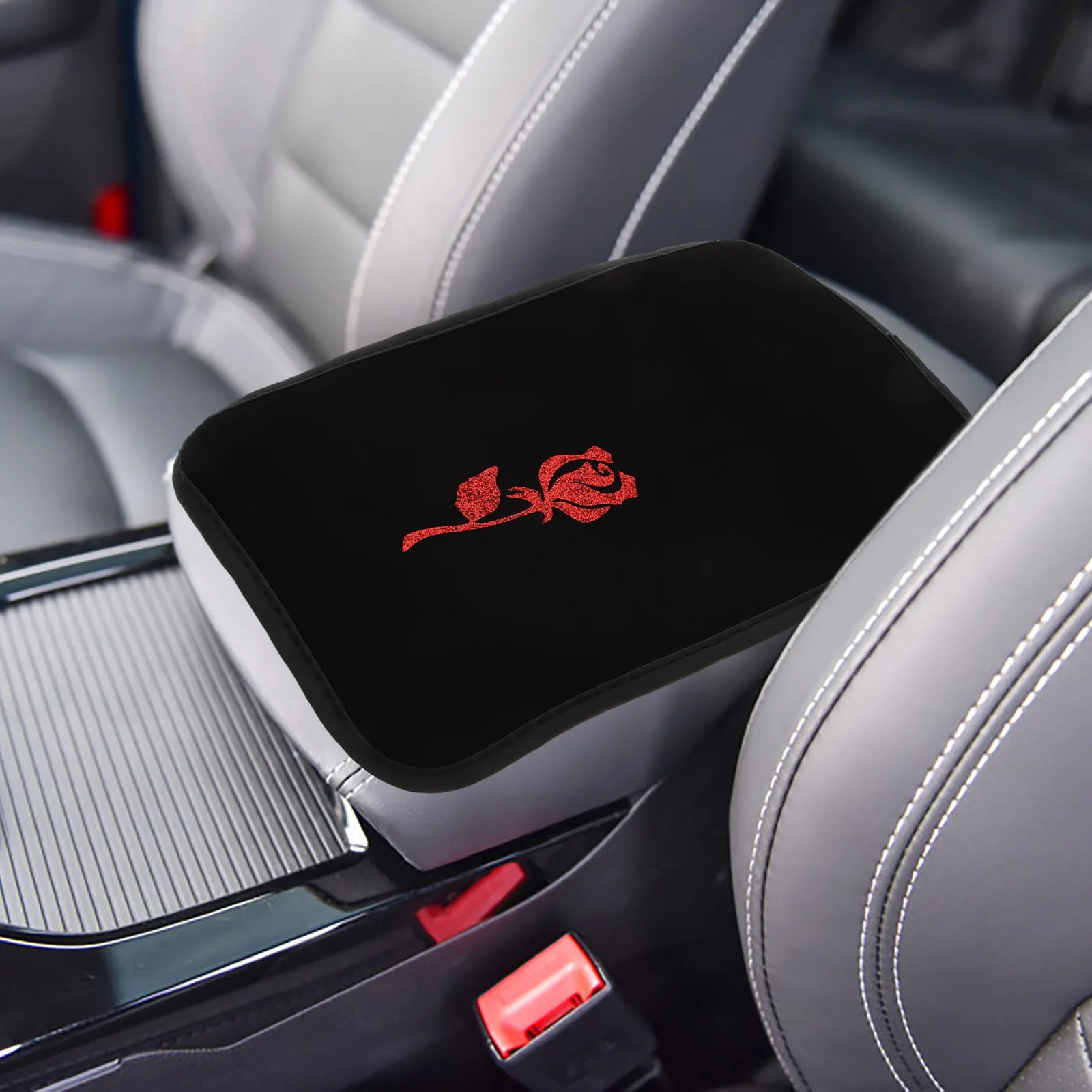 

Red Rose Armrest Box Pad PU Car Center Console Cover Multifunction Travel Cushion Arm Rest Accessories