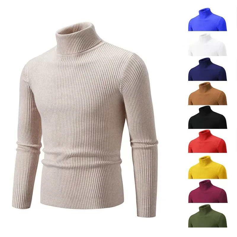 

New Men's High Neck Sweater Solid Color Pullover Knitted Warm Casual Turtleneck Sweatwear Woolen Mens Winter Outdoor Tops